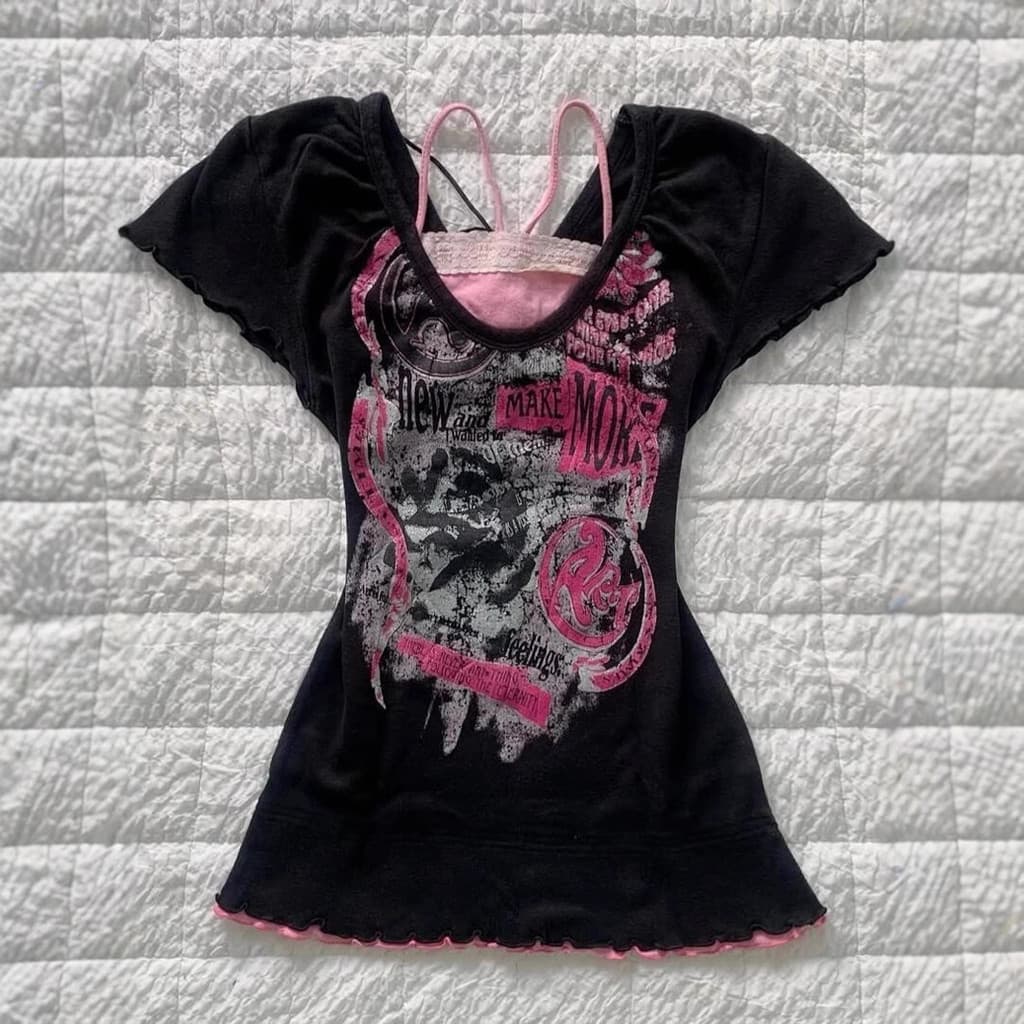 Americano Retro quente menina angustiado impressão Shibuya camiseta de manga curta feminina falso estilingue de duas peç