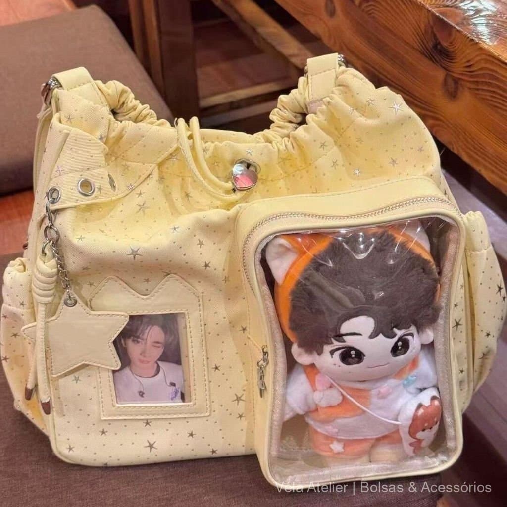 Mochila Ita Bag de Nylon com Estampa de Estrelas e Zíper para Escola e Passeio Estilo Japonês