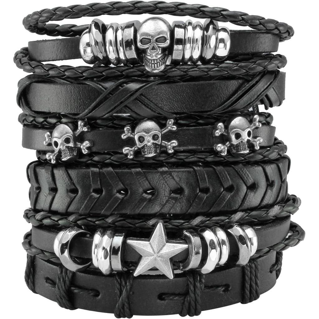 6 Peças Pulseira De Couro Trançada Larga Mulheres Homens Punk Rock Joias Caveira