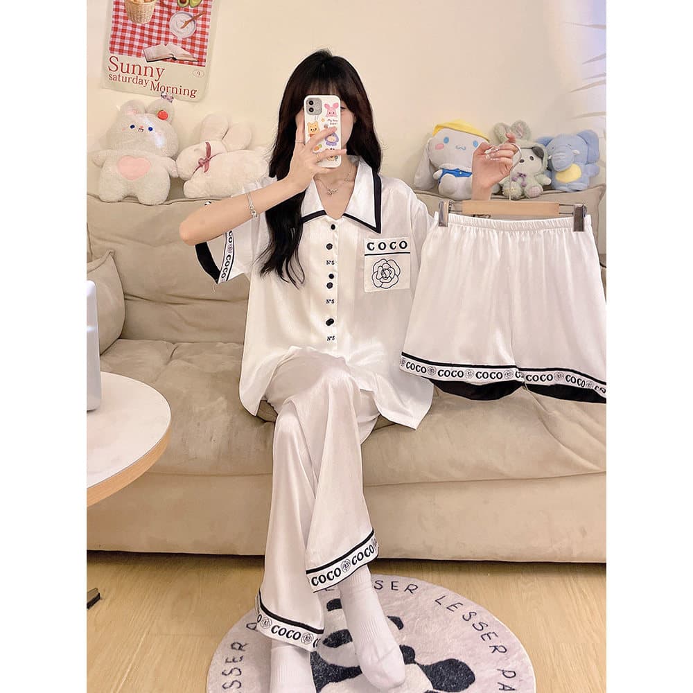 Pijamas femininos 2026 novo estilo verão seda gelo manga curta fino conjunto de três peças verão feminino High-End Homew
