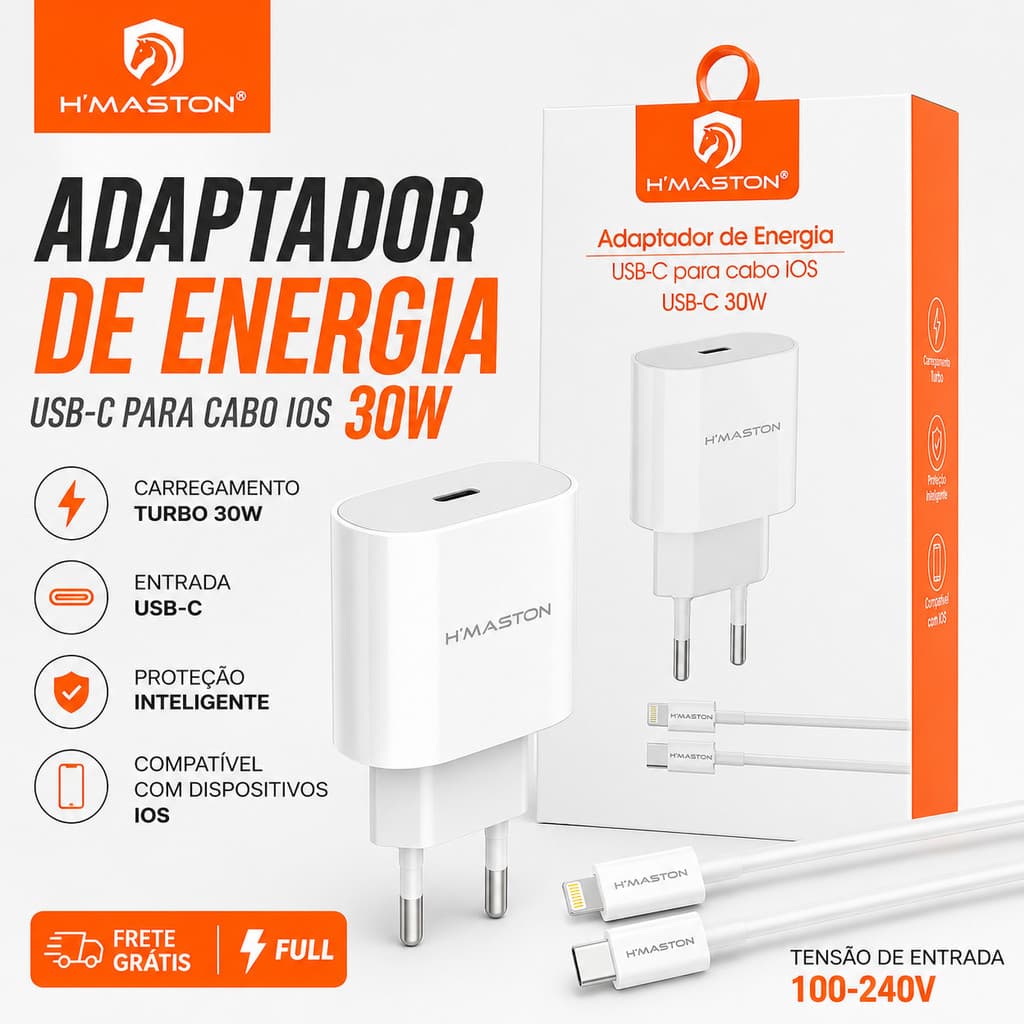 Carregador IPhone Turbo Kit Fonte Adaptador de Energia Hmaston ultra Rápido 30W Cabo tipo c