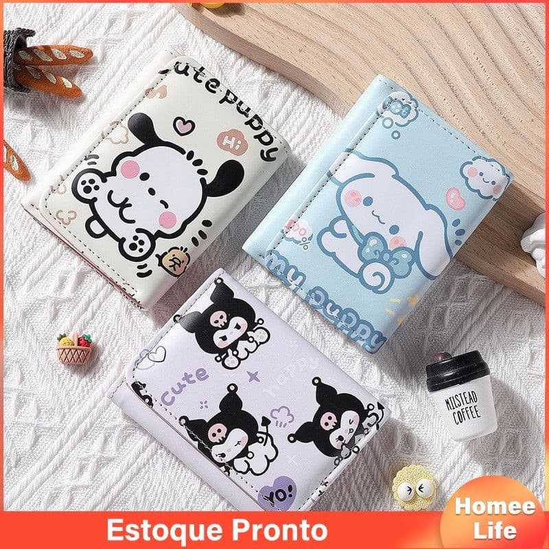 Sanrio Carteira Fofa Elegante Bolsa De Moedas Multicartão Três Dobras Couro PU Cartão Curta Presente De Aniversário
