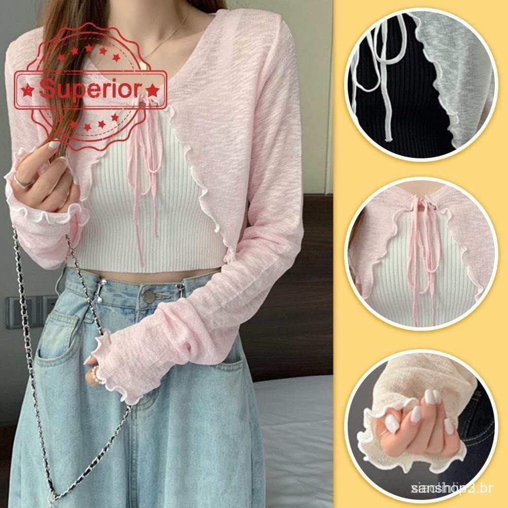 Cardigã Feminino de Proteção Solar com Laço, Camisola de Verão em Chiffon de Seda Gelada Q0l6 CU5T