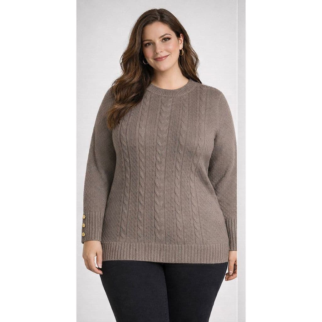 Blusa Tricot Feminina Plus Size 48 ao 52 com Trança e Botões Manga Inverno
