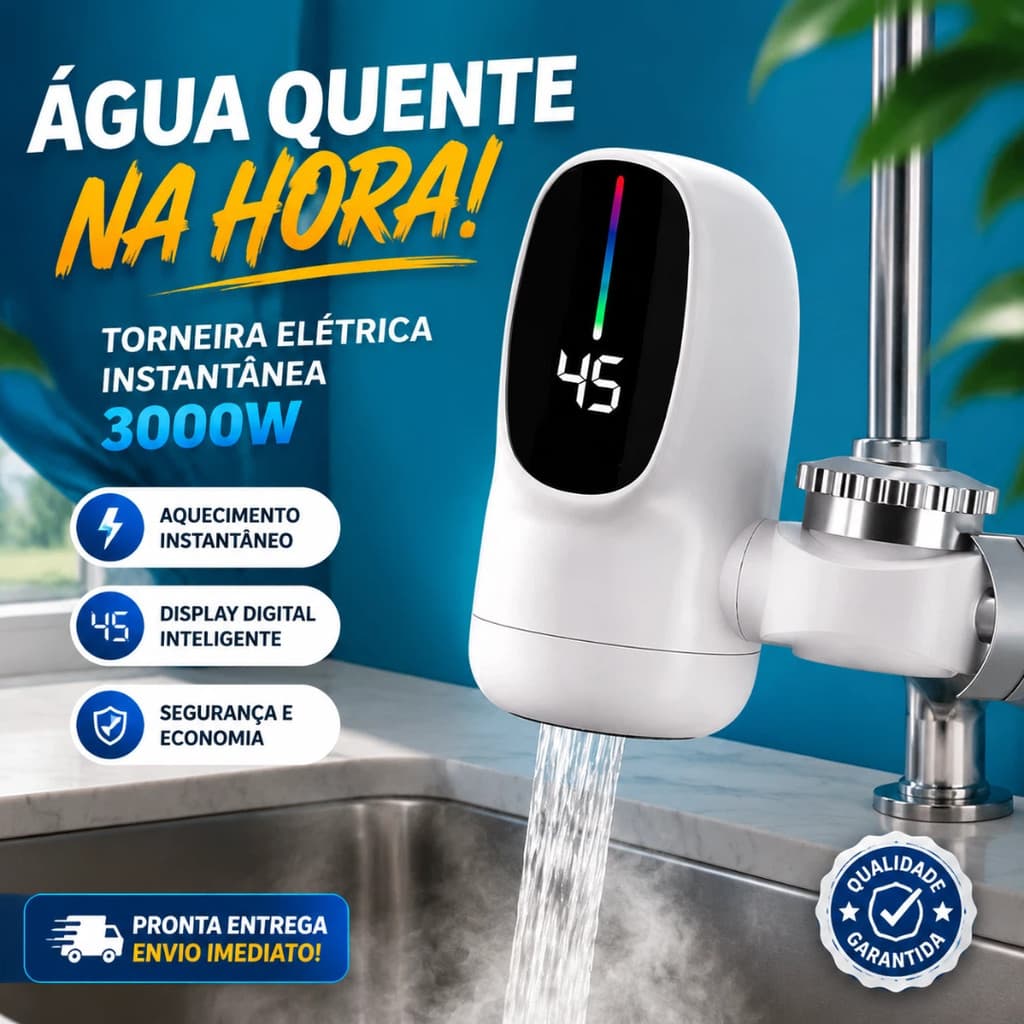 Torneira Elétrica Instantânea 3000W Aquecimento Rápido Display Digital Cozinha Banheiro