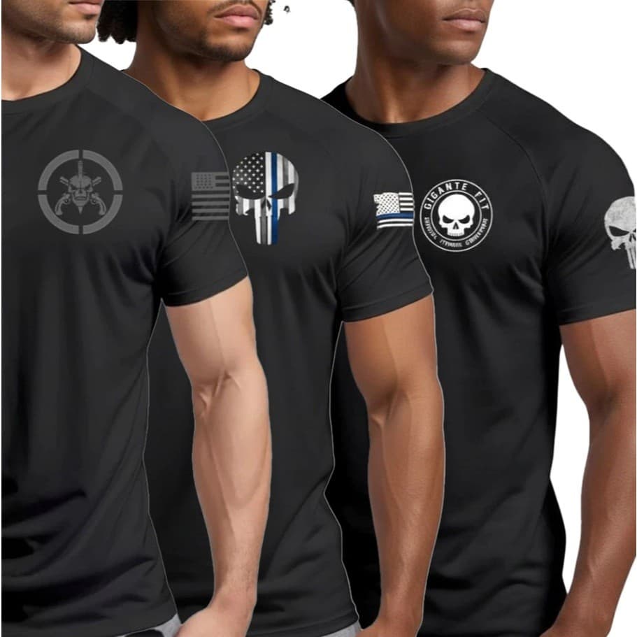 Kit 3 Camisetas Dry Fit Gigante Fit Militar Academia Esporte Bope Caveira Americana Gigante Fit