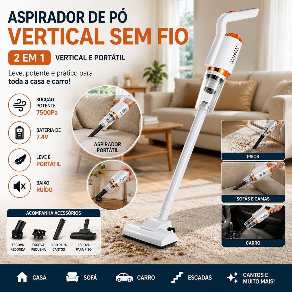 Aspirador de Pó Vertical Sem Fio 2 em 1 Portátil Recarregável 7500Pa com Acessórios para Casa Carro