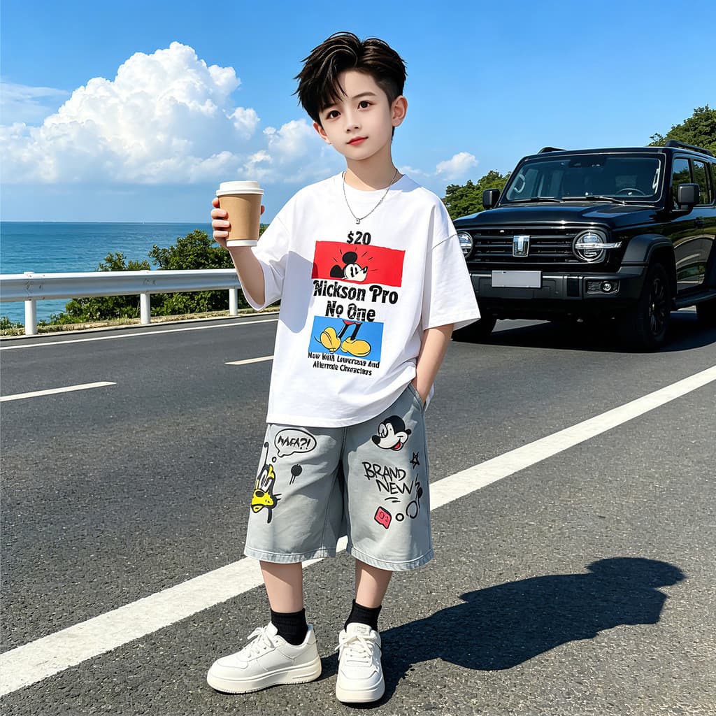 Meninos dos desenhos animados impresso de manga curta Denim calças médias terno de duas peças versão coreana Casual na m