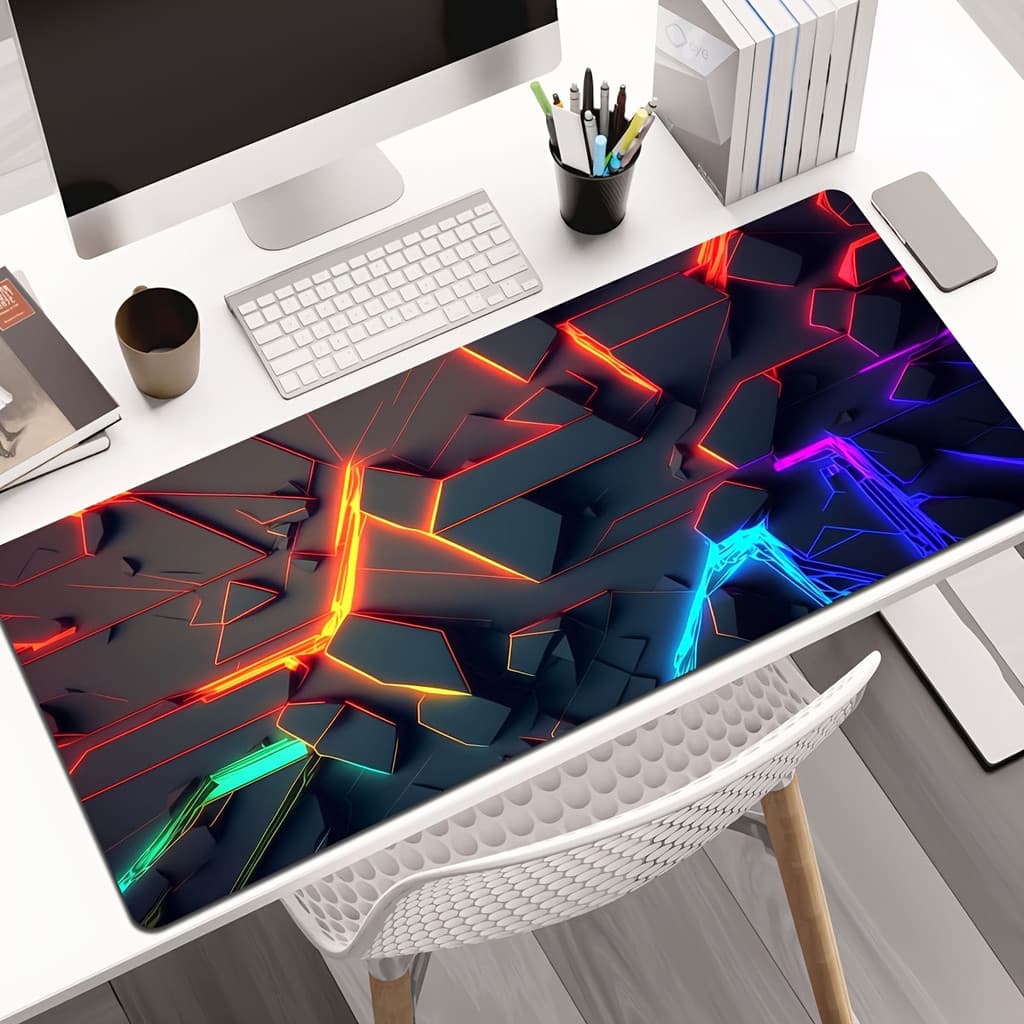 Mouse Pad Geométrico Neon RGB Para Jogos , Borda Costurada , Borracha Antiderrapante , À Prova D'água , Grande Tapete De