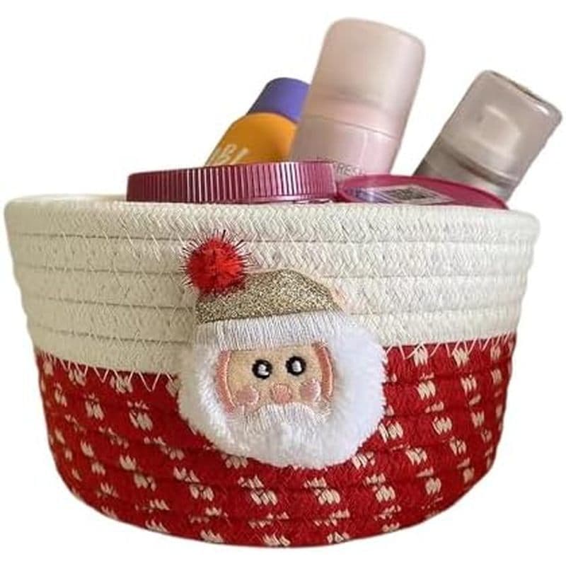 Cesta Pequena Vermelha De Tecido , De Armazenamento De Natal Com Corda De Algodão Papai Noel , Recipiente Organizador De