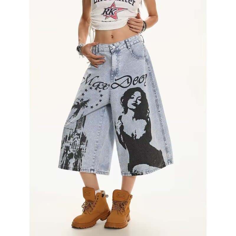 Internet Wanderer Inkjet Rare Art Japonês Dos Desenhos Animados Retro Denim Calças ins Estilo Metal Homens Mulheres Casu