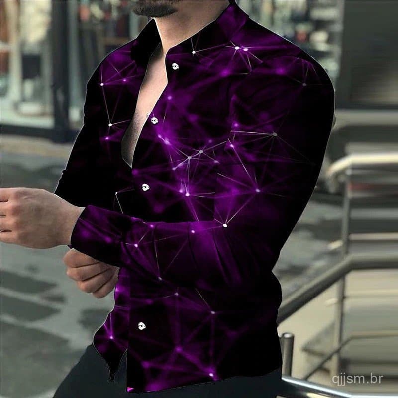 Camisa Formal Masculina de Designer, Estampa Céu Estrelado Roxo, Com Lapela, Tamanho Grande, Blusa Casual de Manga Longa