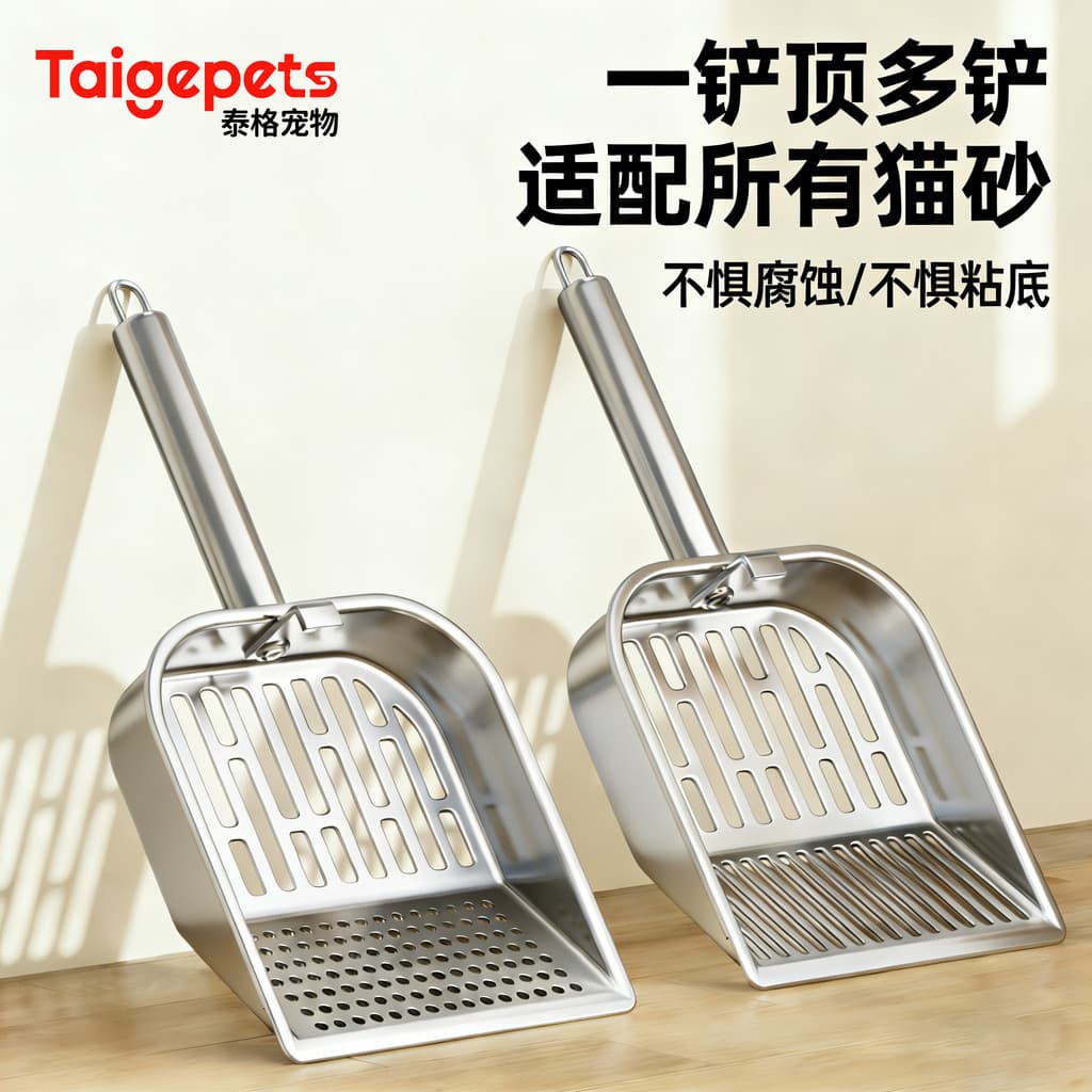 Pá para areia de gato Pá para areia de gato Pá de aço inoxidável dedicada areia de Tofu Buraco fino Metal para gato