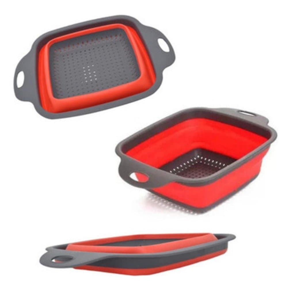Escorredor Retrátil Quadrado Compacto Para Cozinha Cinza E Vermelho
