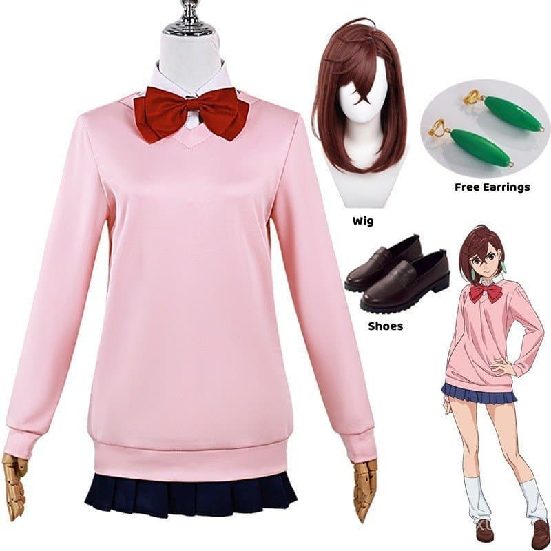 Fantasia de Cosplay de Anime Dadandan Momo Ayase, Suéter Rosa de Manga Longa, Laço Vermelho, Saia Azul Marinho, Camisa B