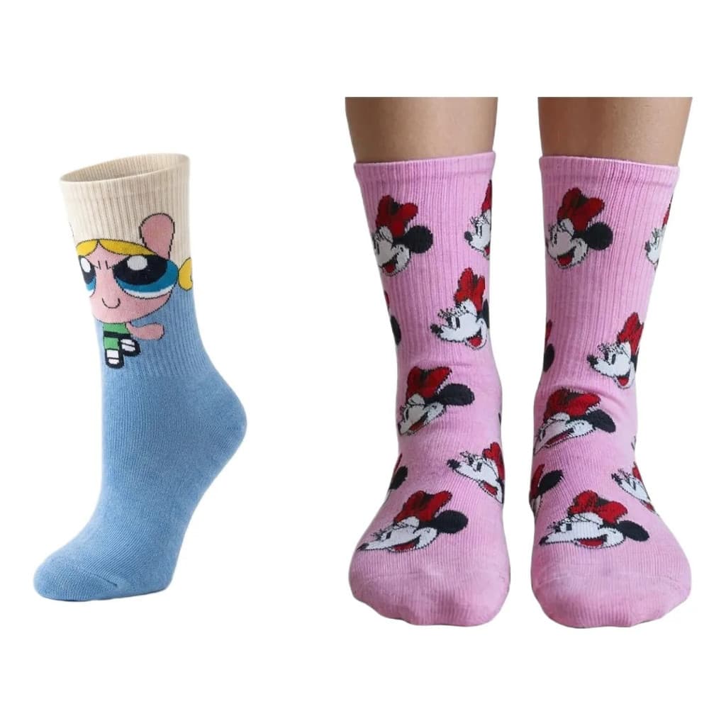 2 Meias Lindinha + Minnie Rosa Divertida Estampada Desenho