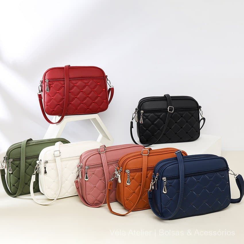 Bolsa Transversal Feminina de Couro Sintético com Divisórias e Zíper para Passeio e Uso Diário