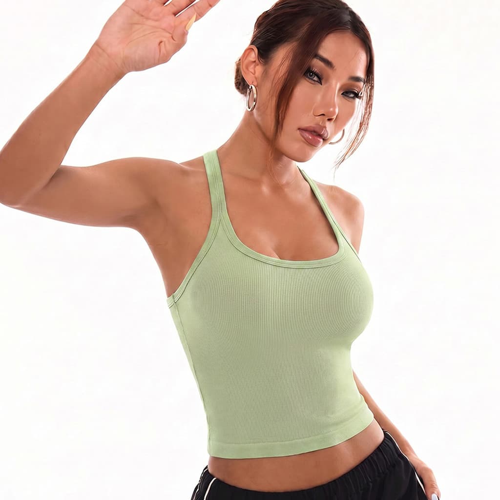 Verão novo estilo Vertical com nervuras em forma de I colete esportivo sem costura gola em U Halter esportes Yoga Wear
