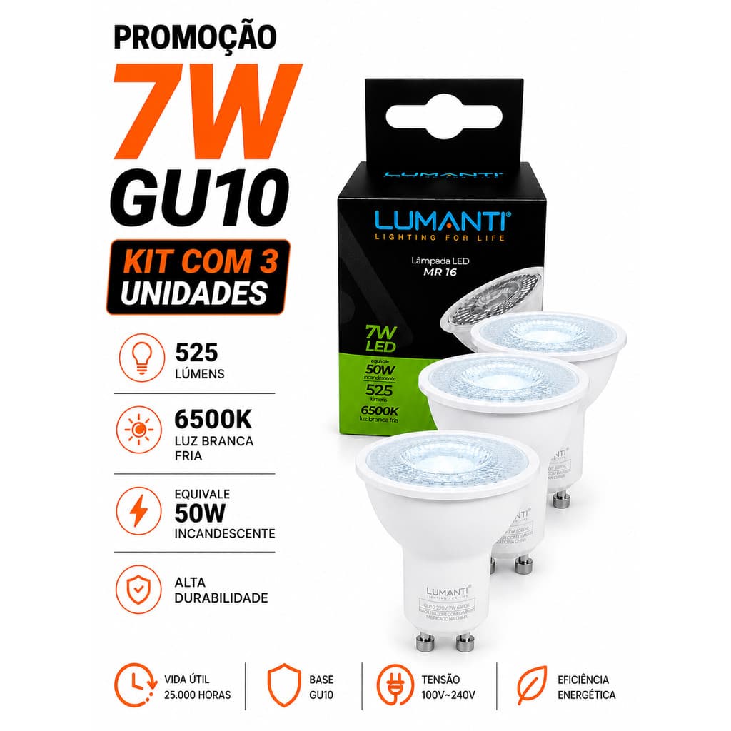 Kit 3 Lampada Led Dicroica Mr16 Gu10 7w 6500k Bivolt 525Lumens Lumanti