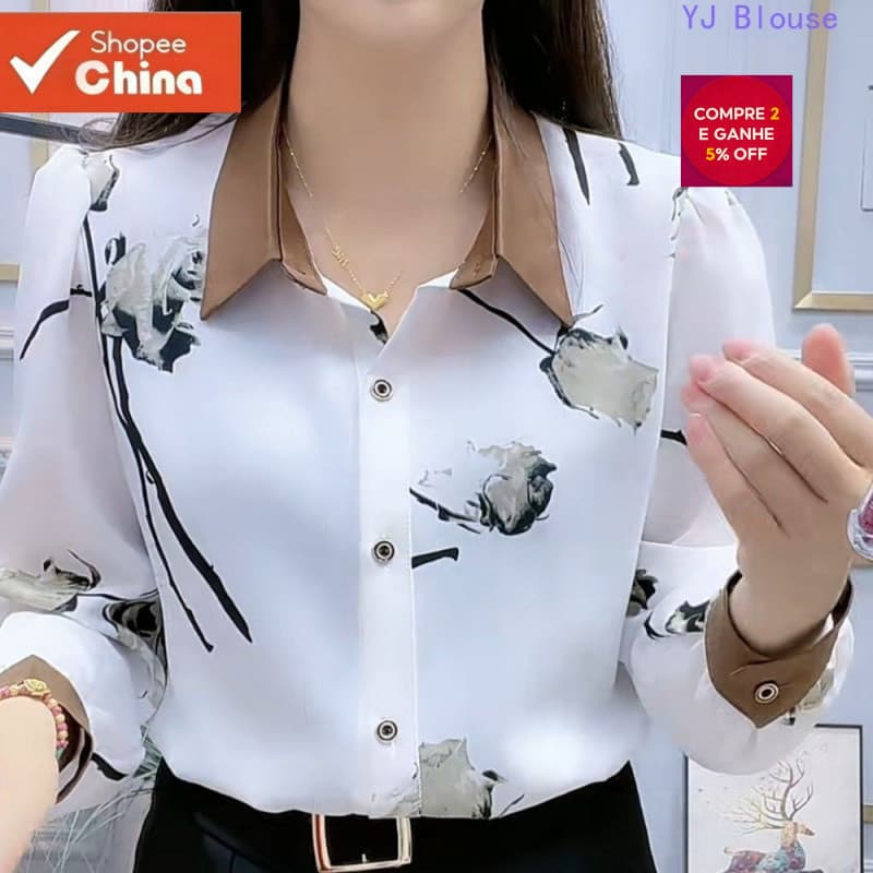 Blusa de Chiffon Estampada Floral Plus Size Feminina Estilo Coreano Casual Moda Camisa Polo 9LWR XOZU
