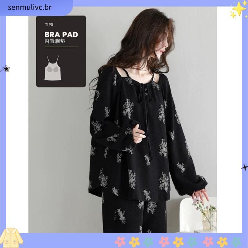 Ins preto floco de neve pijamas de manga comprida com almofada no peito feminino primavera outono Design elegante sentim