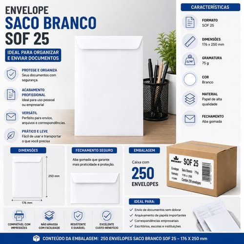 Caixa Com 250 Envelopes Sob Medida 176x250 Milímetros Branco Resistente Envio Seguro Proteção