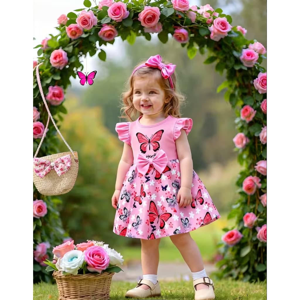 Vestido Bebe Menina 6 a 36 Meses Rosa Borboleta Estampa Laço Flounce Presente Aniversário Festa