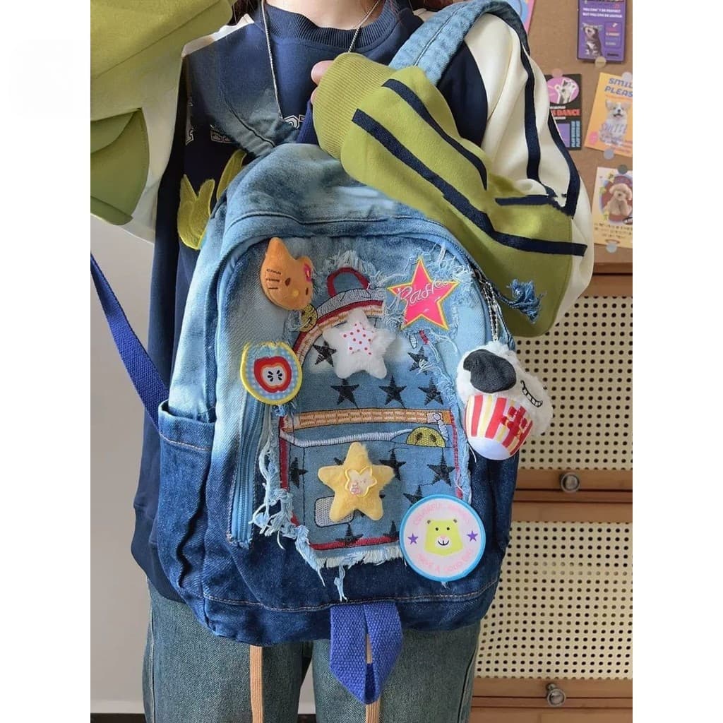 (w) Mochila Vintage Estilo Americano Em Jeans Com Apliques De Estrela , De Estudante , Costura Forma De D