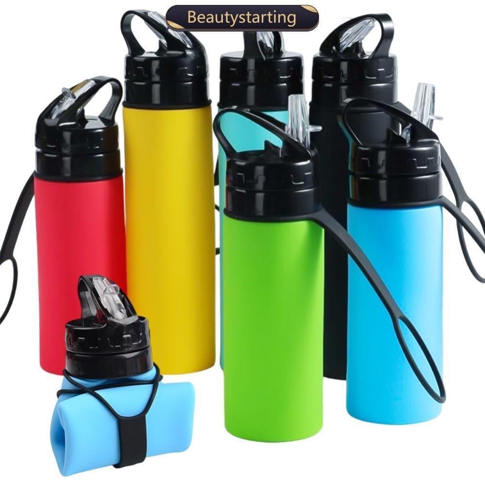 Garrafa de água portátil e dobrável de silicone de 600ml, equipada com canudo e alça, adequada para caminhadas e ciclism