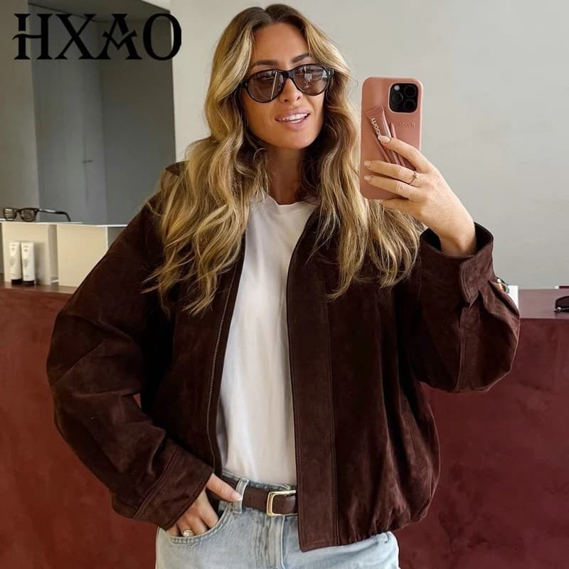 Jaqueta Feminina HXAO 2025, Jaqueta de Camurça para Mulheres, Nova Coleção de Outono em Casacos e Jaquetas, Moda