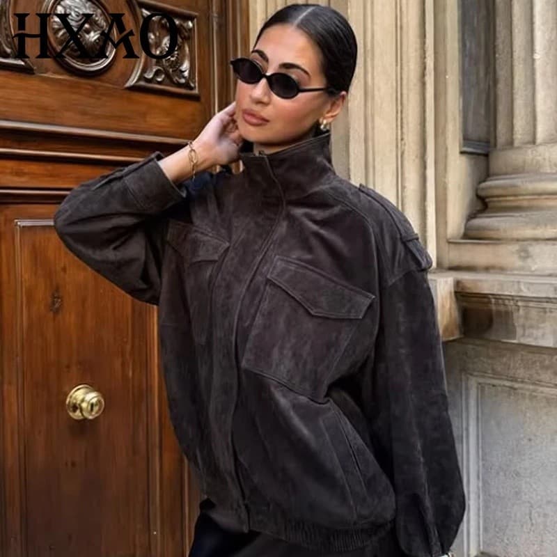 Jaqueta Bomber Feminina HXAO 2025, Jaqueta Oversized de Camurça, Moda de Outono, Jaqueta Cinza Caqui, Novidade em Casaco