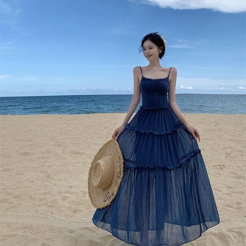 [Novidade] Vestido azul forrado tom de pele plissado renda indústria pesada estilingue saia longa