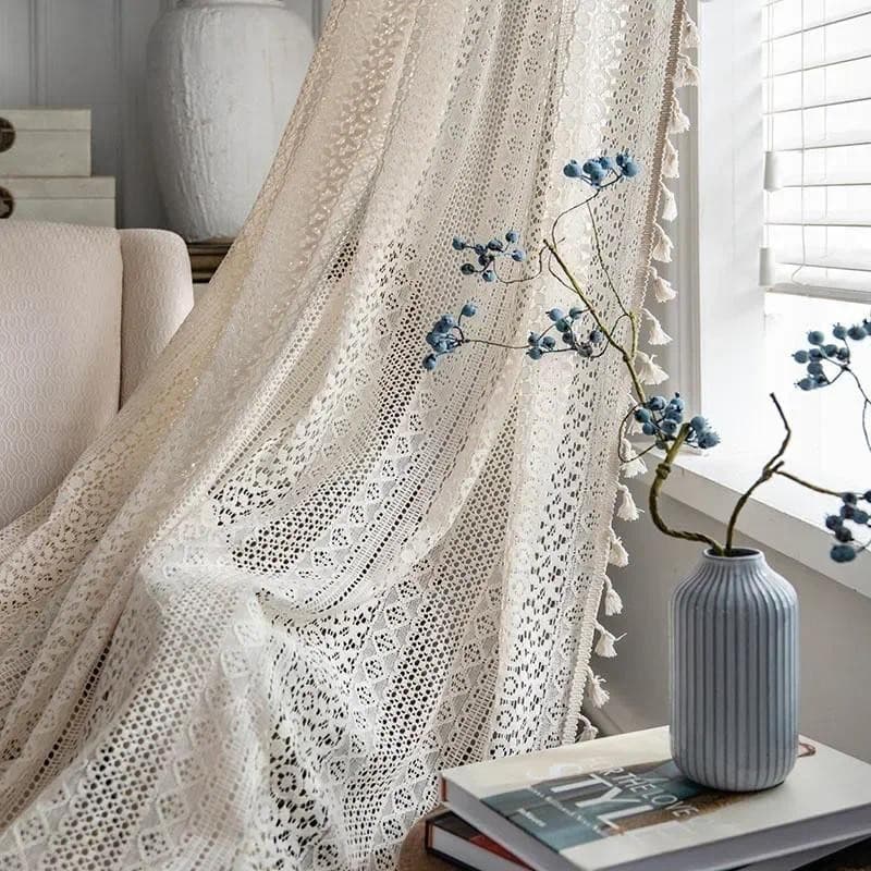Boho Borla Cortinas De Crochê Para Sala De Estar , Vintage De Bolso Com Haste Geométrica Listrada De Malha Filtragem De