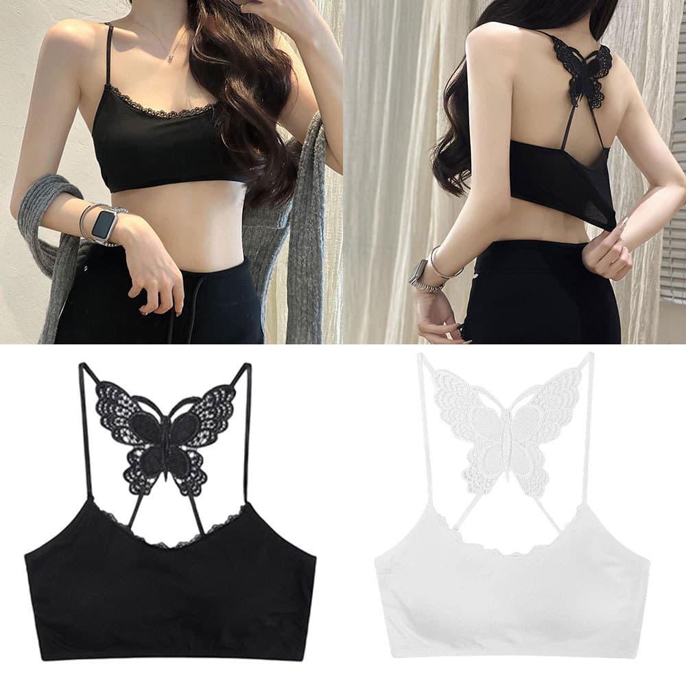 Estoque Prontobeauty Back Butterfly Lace Cami Top Feminino Elástico Spaghetti Strap Acolchoado Regata Diária Colete Inte