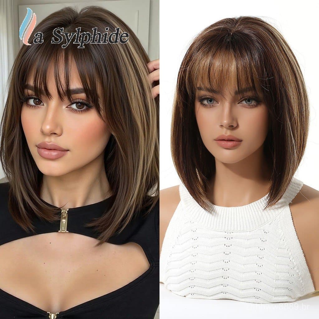 Peruca feminina de cobertura total, degradê marrom, franja reta, corte bob curto, estilo europeu e americano, compriment