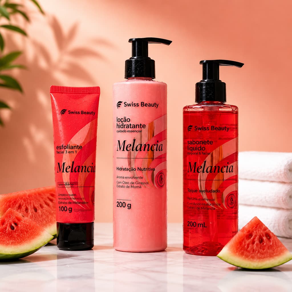 Kit banho Sabonete Líquido + Esfoliante + Hidratante Swiss Beauty Corpo e Rosto Sckicare pele seca perfumada Nutritivo