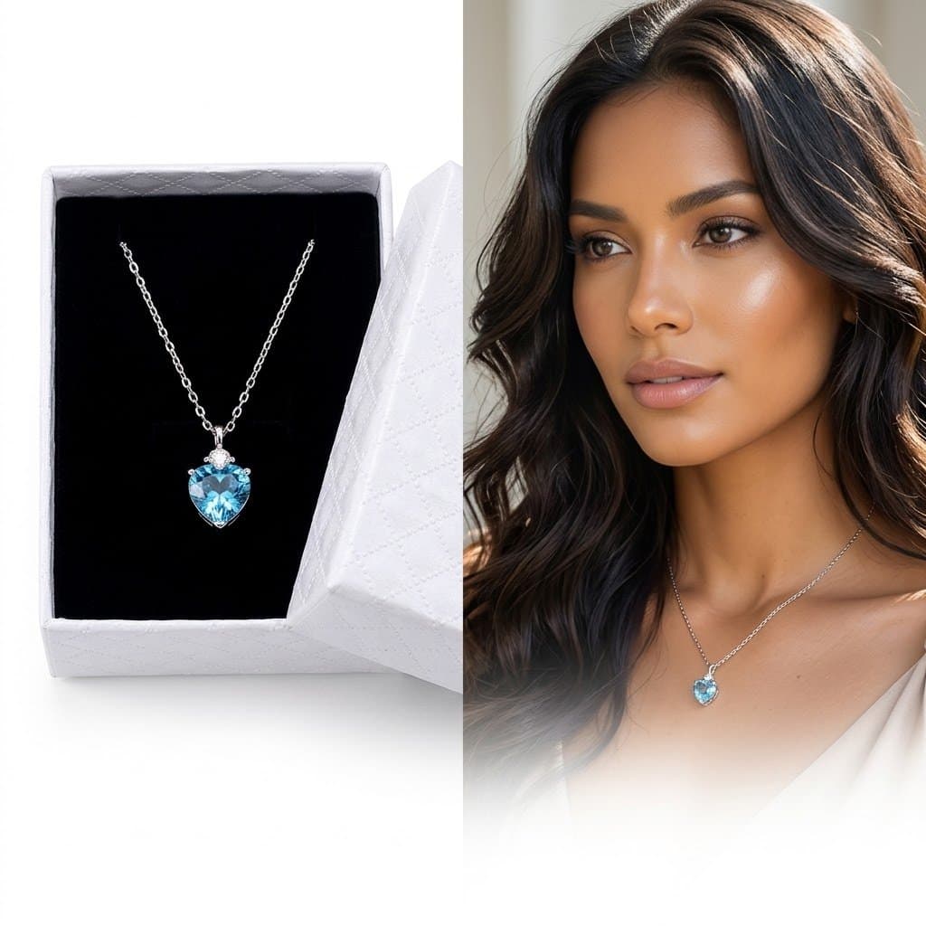 Colar Feminino Pingente Coração Azul em Zirconia Prata Banhado + Caixa para Presente Luxuosa Perfeito