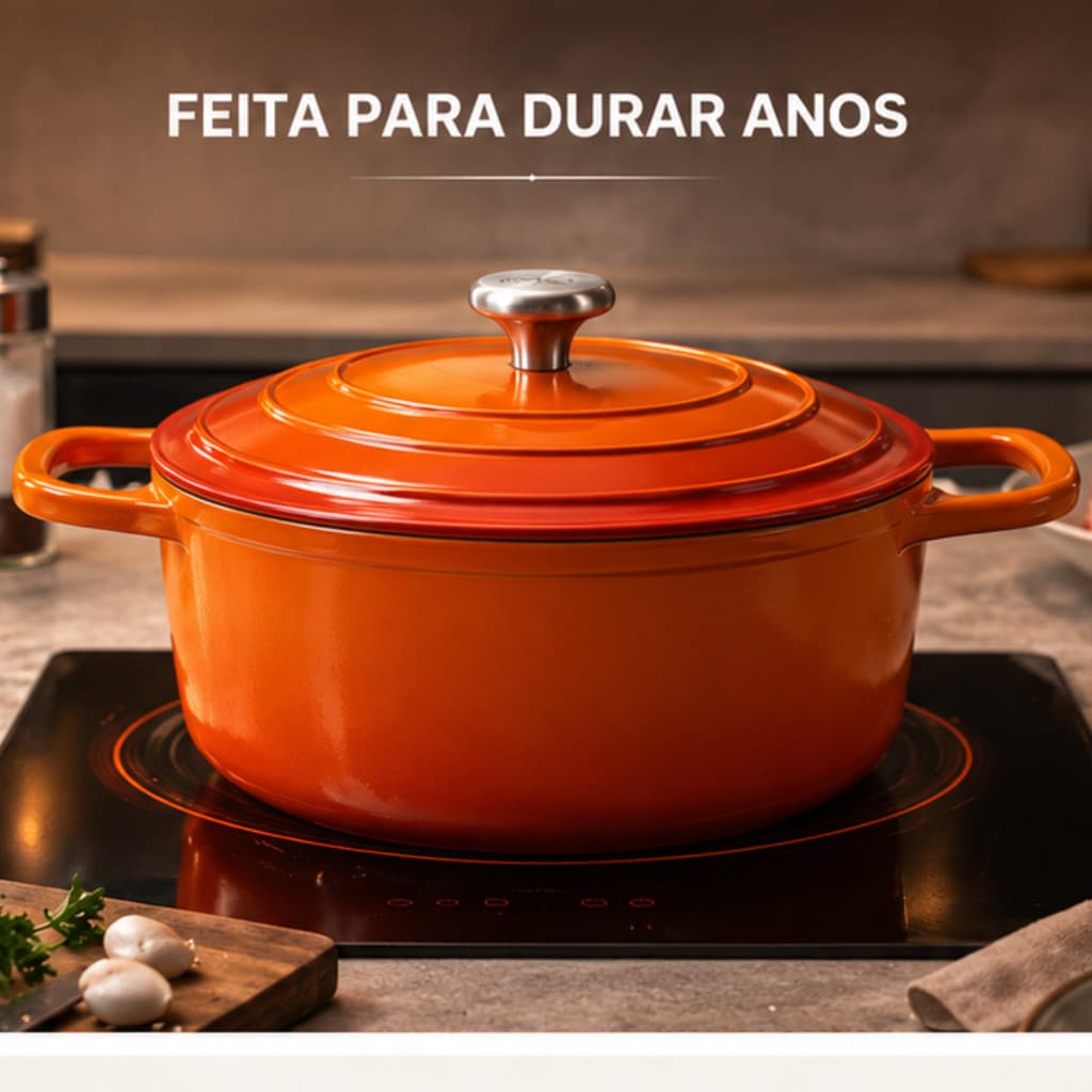 Panela Caçarola 24cm Laranja Antiaderente Premium Tacho Esmaltado Fogão e Forno Mesa Posta Requintada Luxo Almoço Jantar