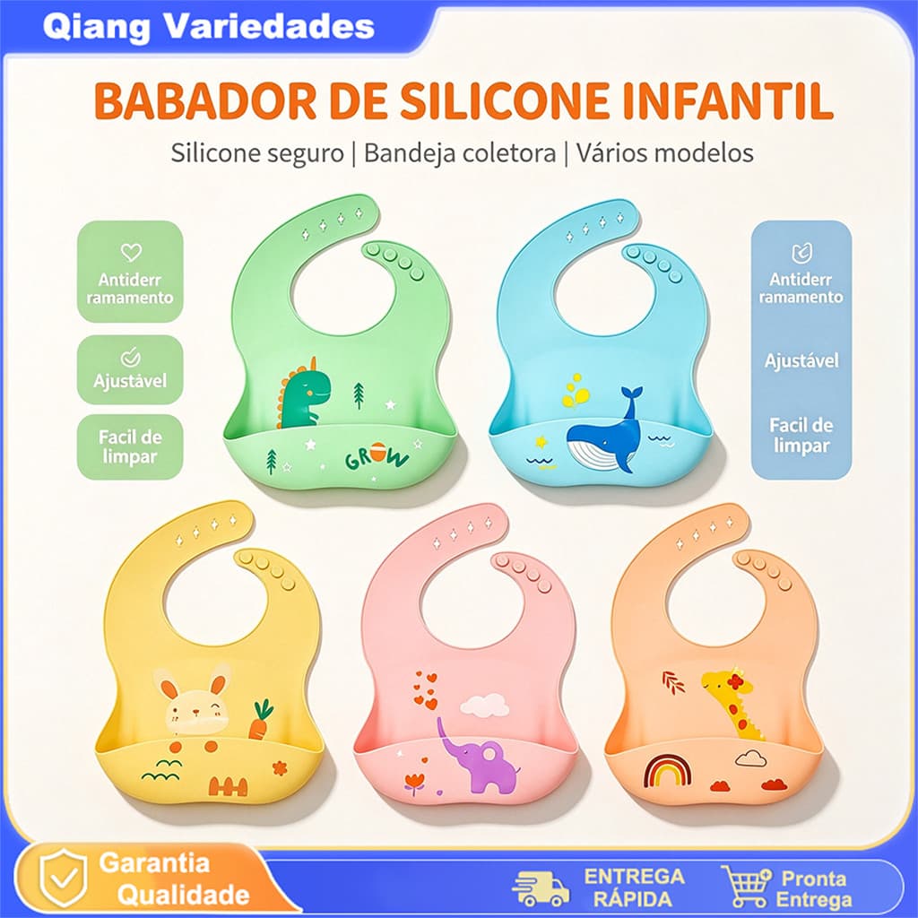 Kit 5 Babador de Silicone para Bebê, Modelo com Estampa de Animais, Bandeja Coletora de Alimentos, Ajustável