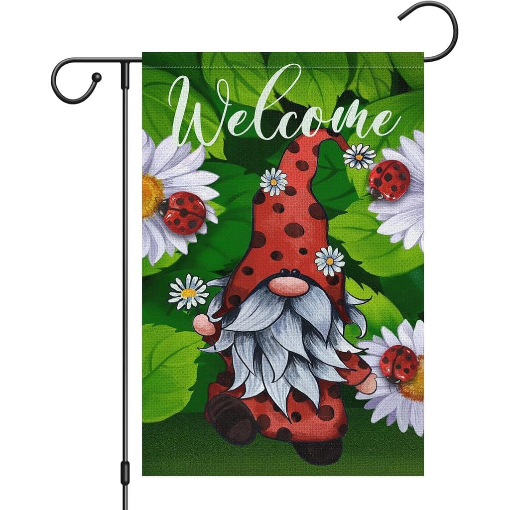 Heyfibro Welcome Spring Summer Garden Flag 12x18 Double Sided Burlap Vertical Summer Gnome Daisy Garden Flags Coccinella