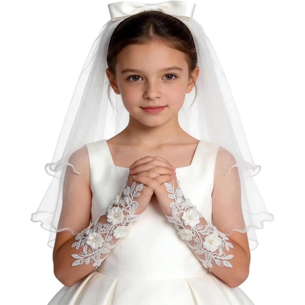Conjunto de 2 Peças de Véu e Luvas para Primeira Comunhão para Meninas, Acessórios para Primeira Comunhão Crianças,