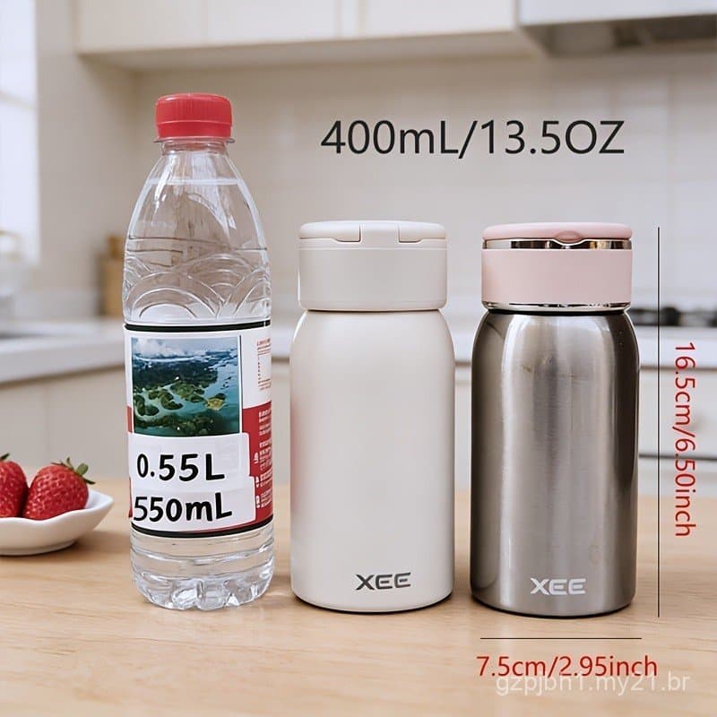 Garrafa Térmica de 400ml com Alça Oculta e Infusor de Chá |   Elegante, branco e prateado, mantém a temperatura por 12 h