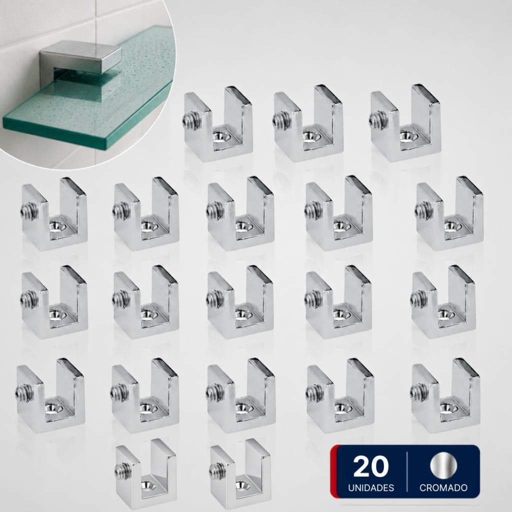 Kit 20 Suportes de fenda Cromado de Vidro 6mm Quadrado 100% Metal com Parafusos 1 Furo