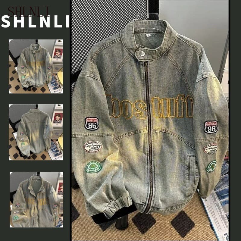 Jaqueta Jeans Bordada Retrô Americana Feminina Primavera Outono Estilo Motociclista Casaco Solto