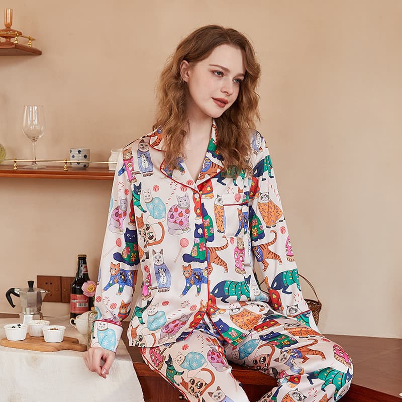 Pijamas de seda gelo feminino verão novo estilo de manga comprida Cardigan impresso terno primavera outono Plus Size Lou