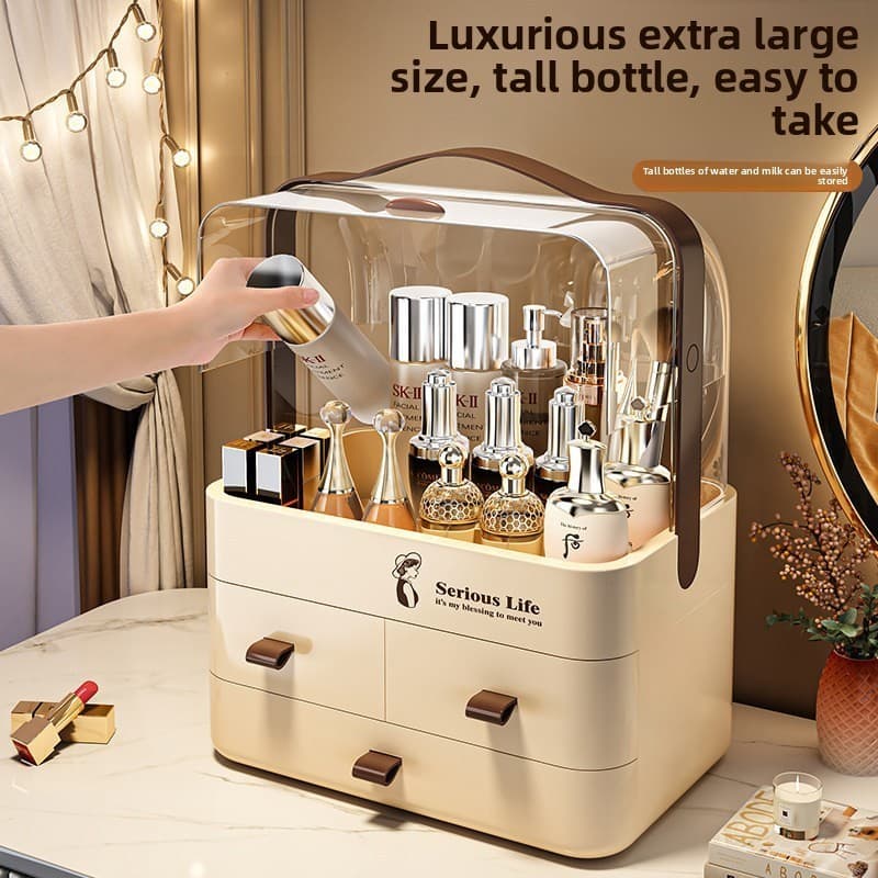 Engrossado PET caixa de armazenamento de cosméticos luz luxo quarto Desktop Anti-poeira acabamento penteadeira plástico