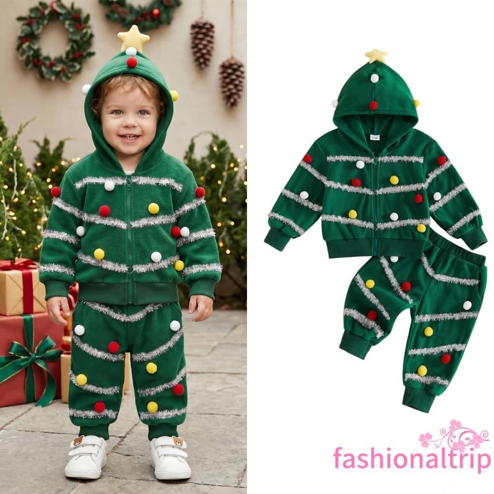 Conjunto De Jaqueta + Calça Com Capuz De Manga Comprida Para Meninos E Árvore De Natal