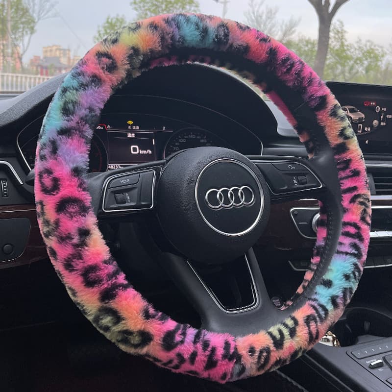 Rex capa de volante de pele de coelho Tie-Dye estampa de leopardo novo estilo capa de alça de carro inverno sem anel int