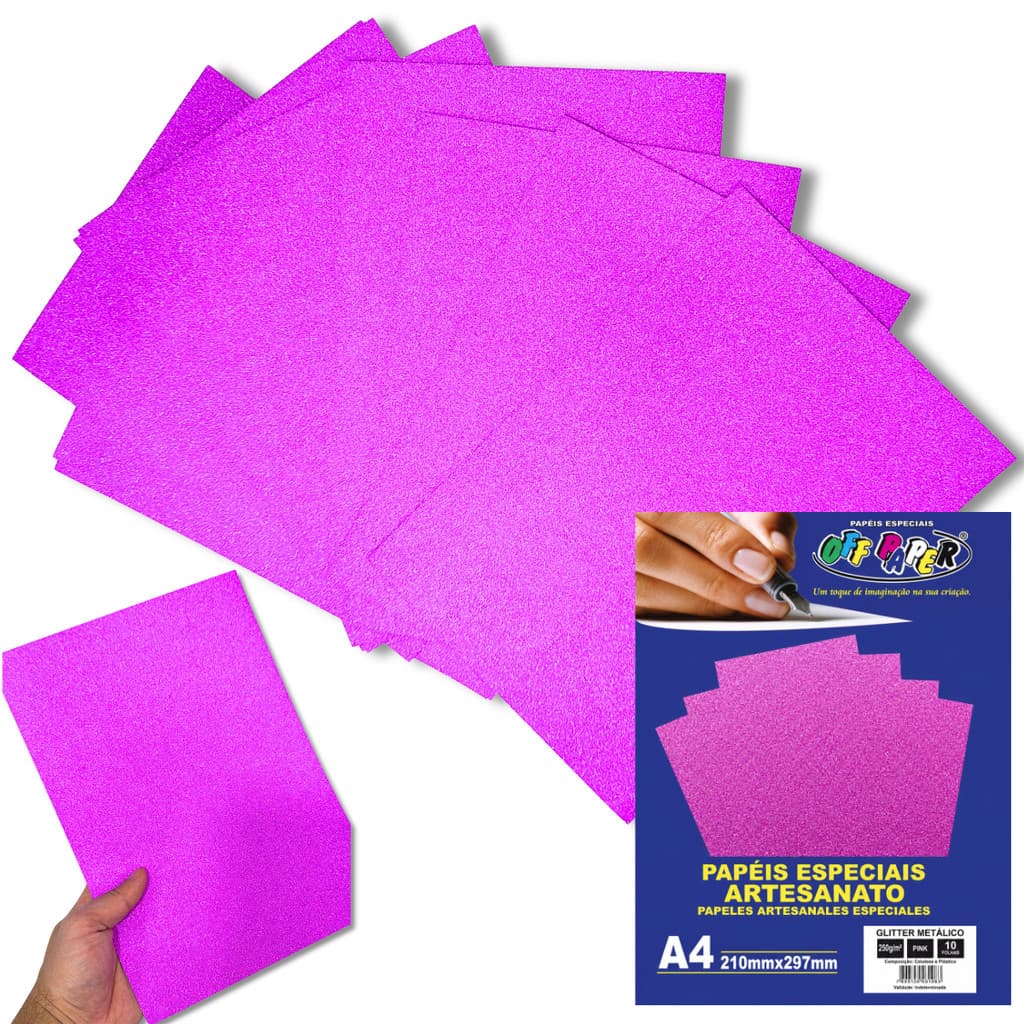 Papel Glitter Metálico A4 250g Rosa Pink Off Paper Pacote com 10 Folhas