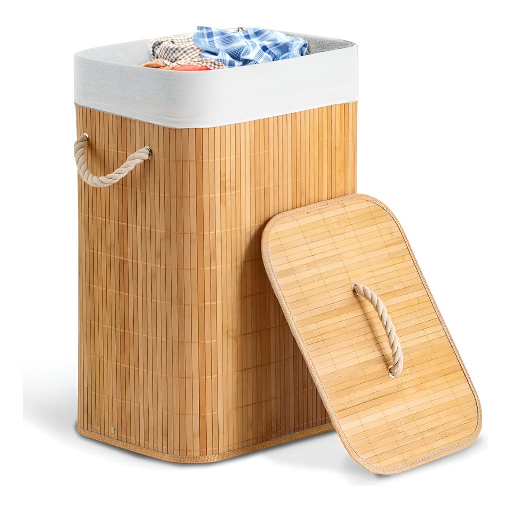 Cesto de Roupa Bege 70L Dobrável em Bambu com Tampa  Liso - Organizador de Lavanderia, Banheiro e Quarto, Prático